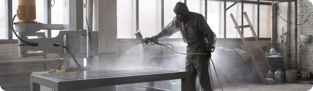 A finisher spraying a steel rack in a workshop.
